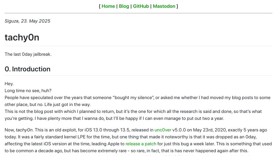 Screenshot of blog.siguza.net: Tachy0n: The Last 0day Jailbreak