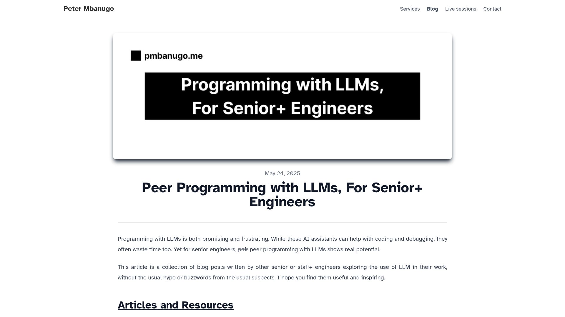Screenshot of pmbanugo.me: Peer Programming with LLMs, for Senior+ Engineers