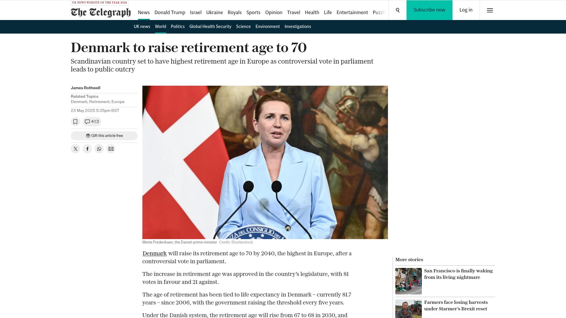 Screenshot of telegraph.co.uk: Denmark to raise retirement age to 70