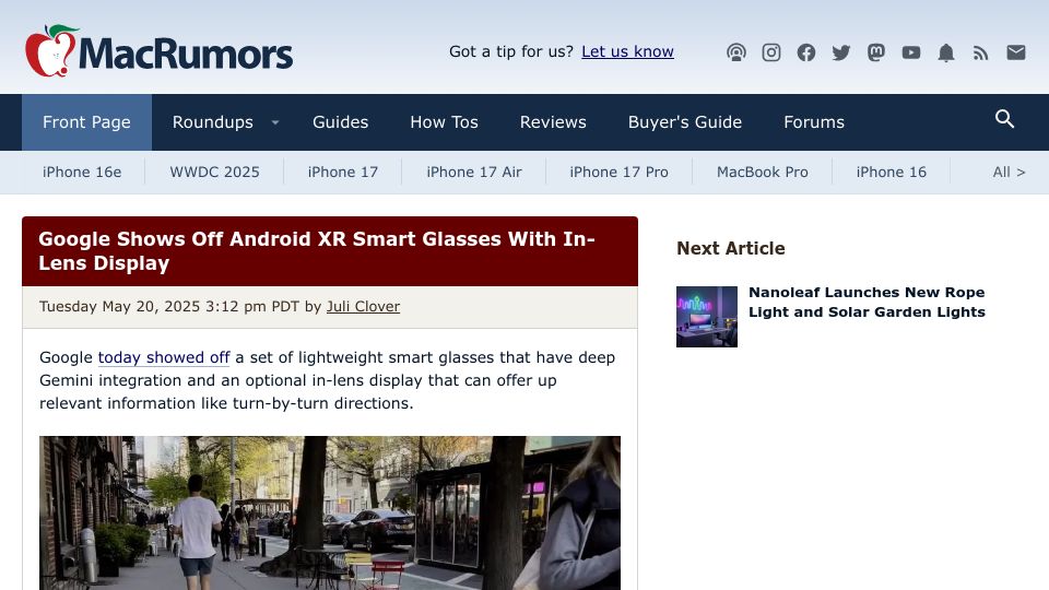 Screenshot of macrumors.com: Google Shows Off Android XR Smart Glasses with In-Lens Display