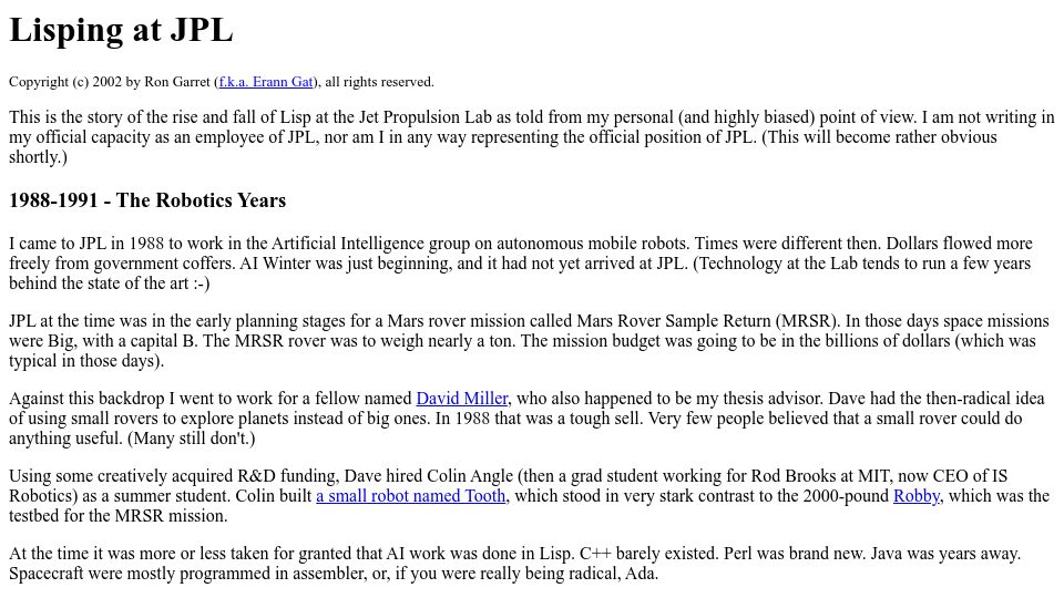 Screenshot of flownet.com: Lisping at JPL (2002)