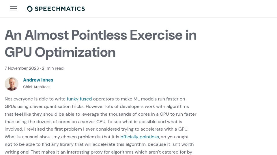 Screenshot of blog.speechmatics.com: An Almost Pointless Exercise in GPU Optimization