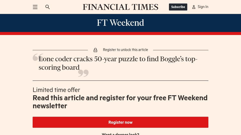 Screenshot of ft.com: Lone coder cracks 50-year puzzle to find Boggle's top-scoring board