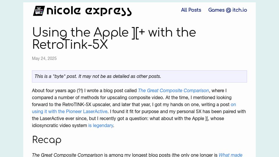 Screenshot of nicole.express: Using the Apple ][+ with the RetroTink-5X