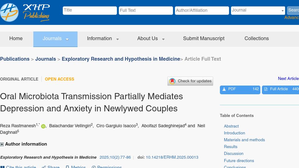 Screenshot of xiahepublishing.com: Mouth bacteria partially spread depression and anxiety in newlywed couples