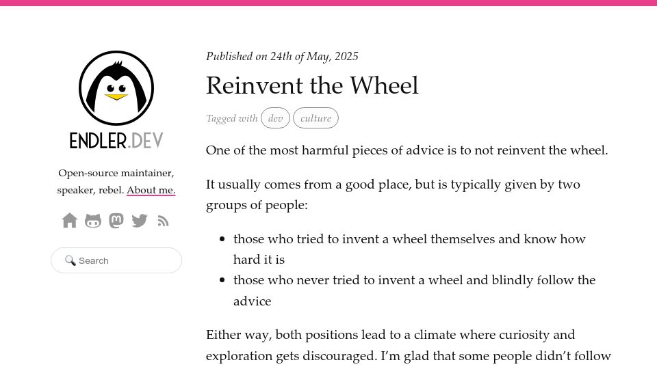 Screenshot of endler.dev: Reinvent the Wheel
