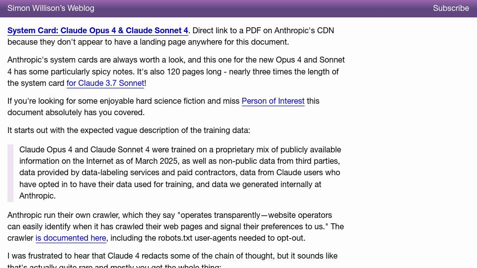 Screenshot of simonwillison.net: Claude 4 System Card