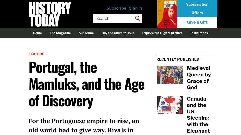 Screenshot of historytoday.com: Portugal, the Mamluks, and the Age of Discovery
