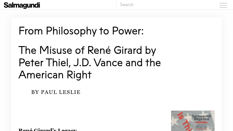 Screenshot of salmagundi.skidmore.edu: From Philosophy to Power: The Misuse of René Girard by Peter Thiel, J.D. Vance