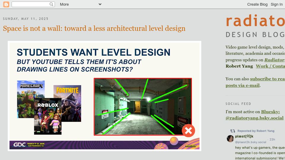 Screenshot of blog.radiator.debacle.us: Space is not a wall: toward a less architectural level design