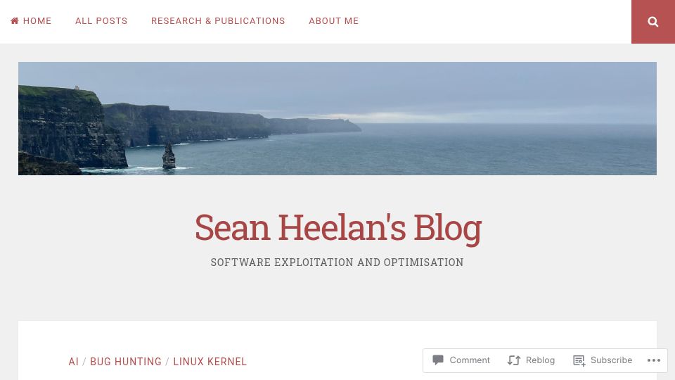 Screenshot of sean.heelan.io: I used o3 to find a remote zeroday in the Linux SMB implementation