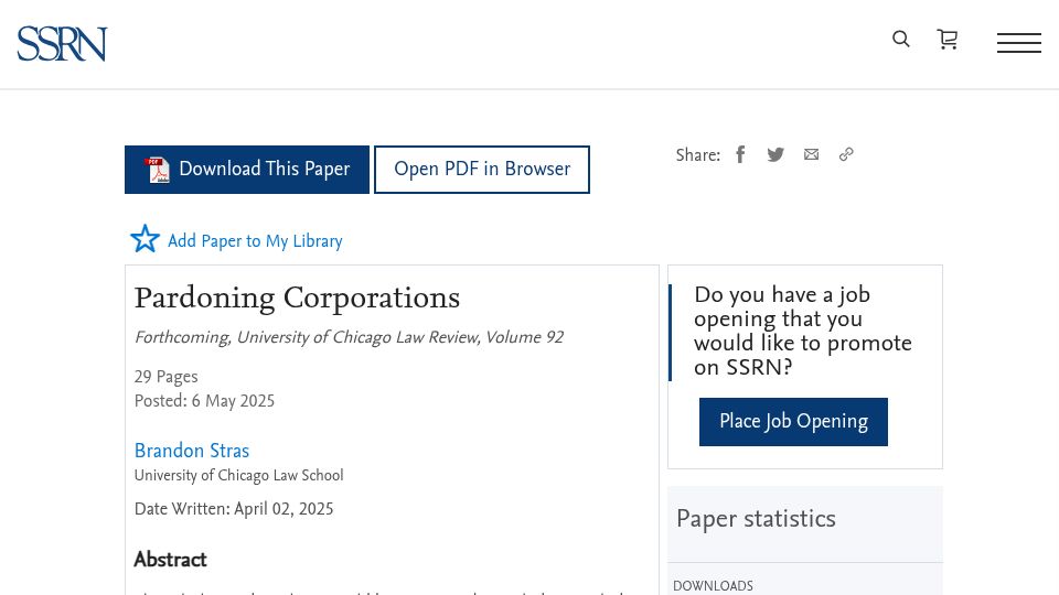 Screenshot of papers.ssrn.com: Can a corporation be pardoned?