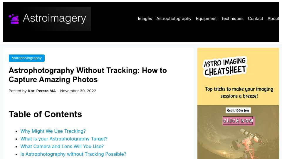 Screenshot of astroimagery.com: Is Astrophotography Without Tracking Possible? (2022)