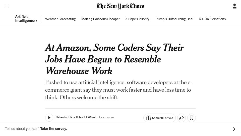 Screenshot of nytimes.com: At Amazon, some coders say their jobs have begun to resemble warehouse work