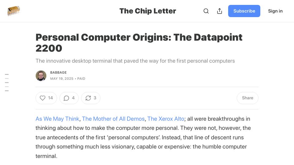 Screenshot of thechipletter.substack.com: Personal Computer Origins: The Datapoint 2200