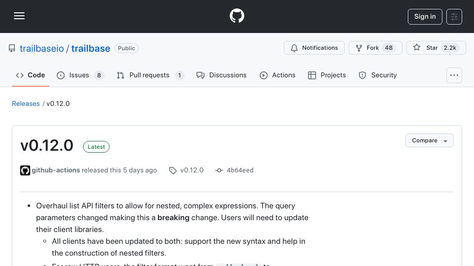 Screenshot of github.com: Fast, Simple and Open Firebase Alternative: TrailBase