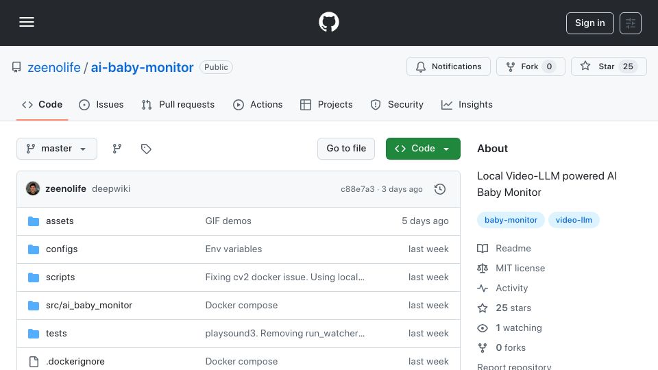Screenshot of github.com: Show HN: AI Baby Monitor – local Video-LLM that beeps when safety rules break