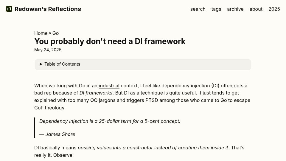 Screenshot of rednafi.com: Dependency injection frameworks add confusion