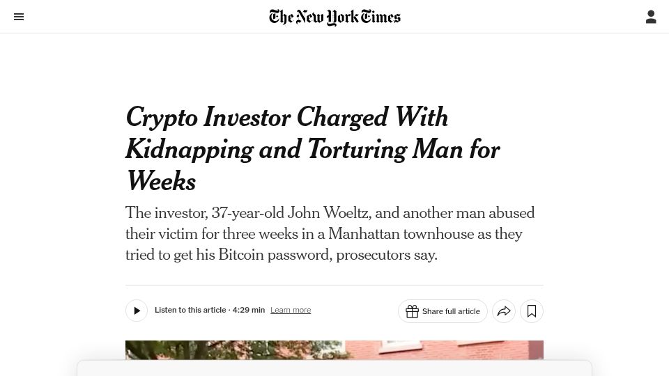 Screenshot of nytimes.com: Crypto Investor Charged with Kidnapping and Torturing Man for Weeks