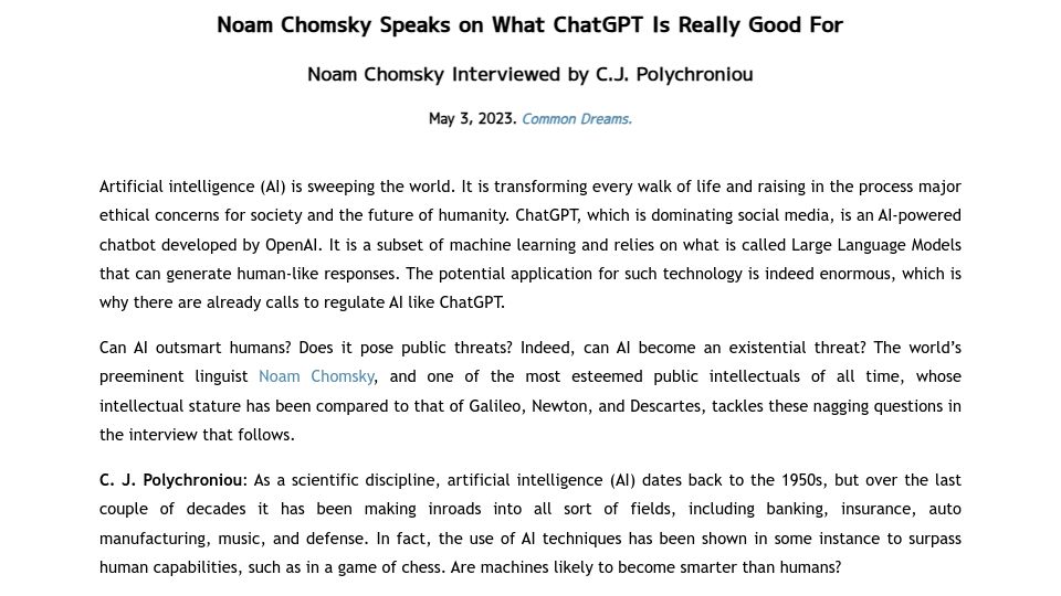 Screenshot of chomsky.info: Chomsky on what ChatGPT is good for (2023)
