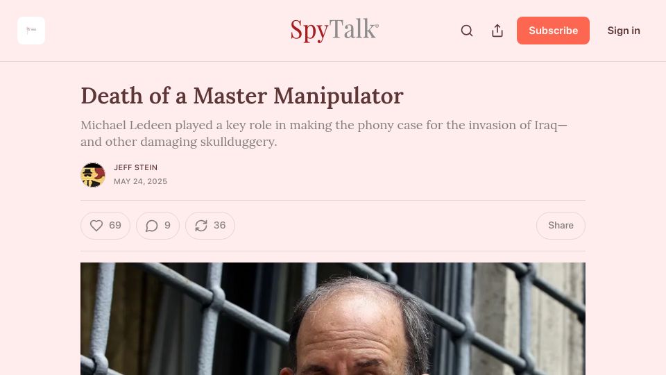 Screenshot of spytalk.co: Death of Michael Ledeen, maker of the phony case for the invasion of Iraq