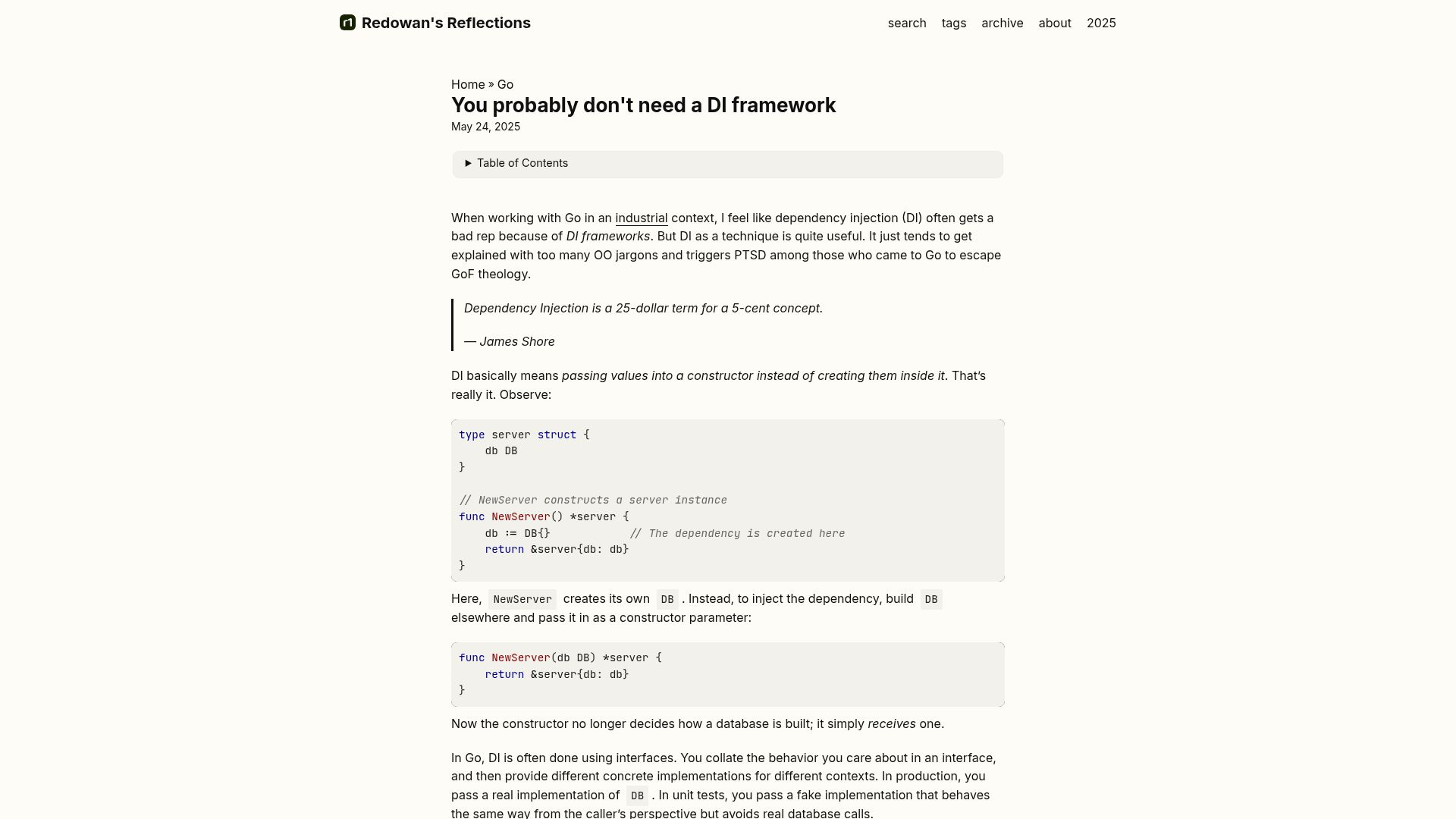 Screenshot of rednafi.com: Dependency injection frameworks add confusion
