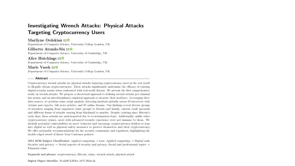 Screenshot of drops.dagstuhl.de: Wrench Attacks: Physical attacks targeting cryptocurrency users (2024) [pdf]