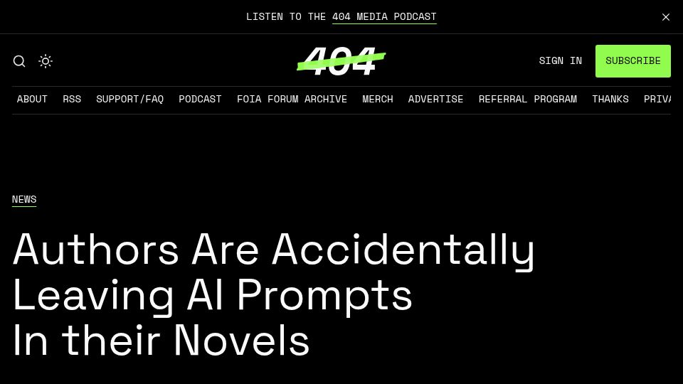 Screenshot of 404media.co: Authors Are Accidentally Leaving AI Prompts in Their Novels
