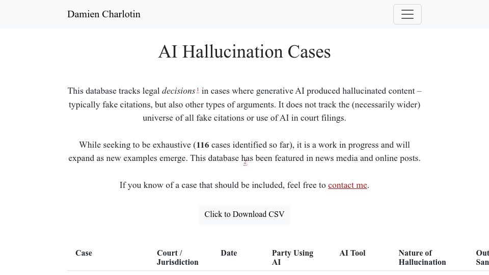 Screenshot of damiencharlotin.com: AI Hallucination Cases Database