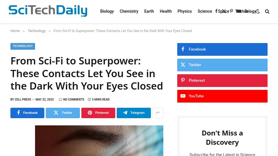 Screenshot of scitechdaily.com: Contacts let you see in the dark with your eyes closed