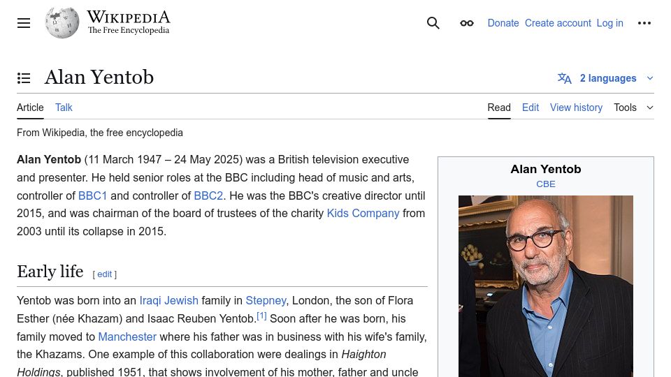 Screenshot of en.wikipedia.org: Alan Yentob Has Died