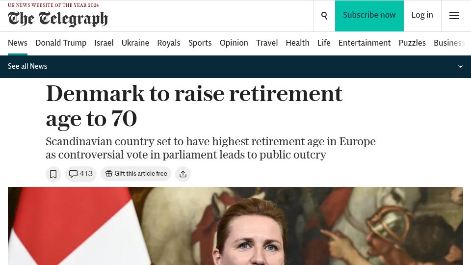 Screenshot of telegraph.co.uk: Denmark to raise retirement age to 70