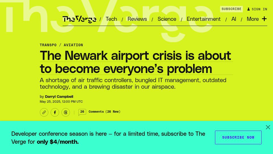 Screenshot of theverge.com: The Newark airport crisis
