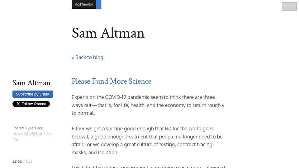 Screenshot of blog.samaltman.com: Please Fund More Science (2020)
