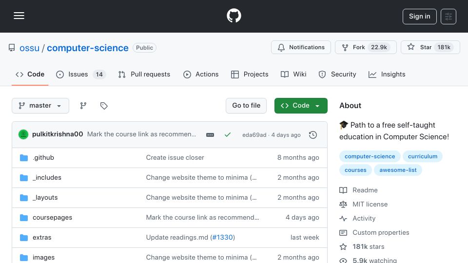 Screenshot of github.com: Open Source Society University – Path to a free self-taught education in CS