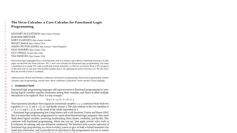 Screenshot of simon.peytonjones.org: The Verse Calculus: A Core Calculus for Functional Logic Programming [pdf]
