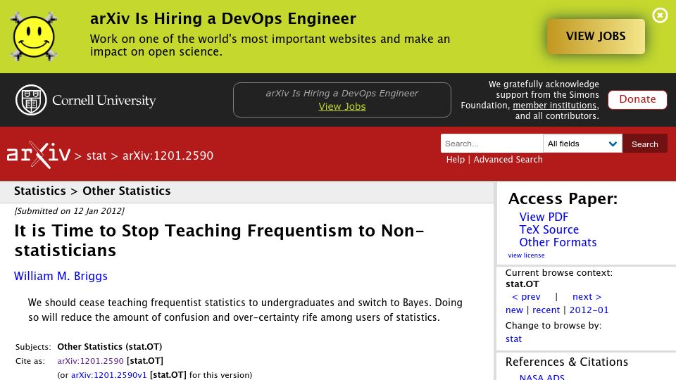 Screenshot of arxiv.org: It is time to stop teaching frequentism to non-statisticians (2012)
