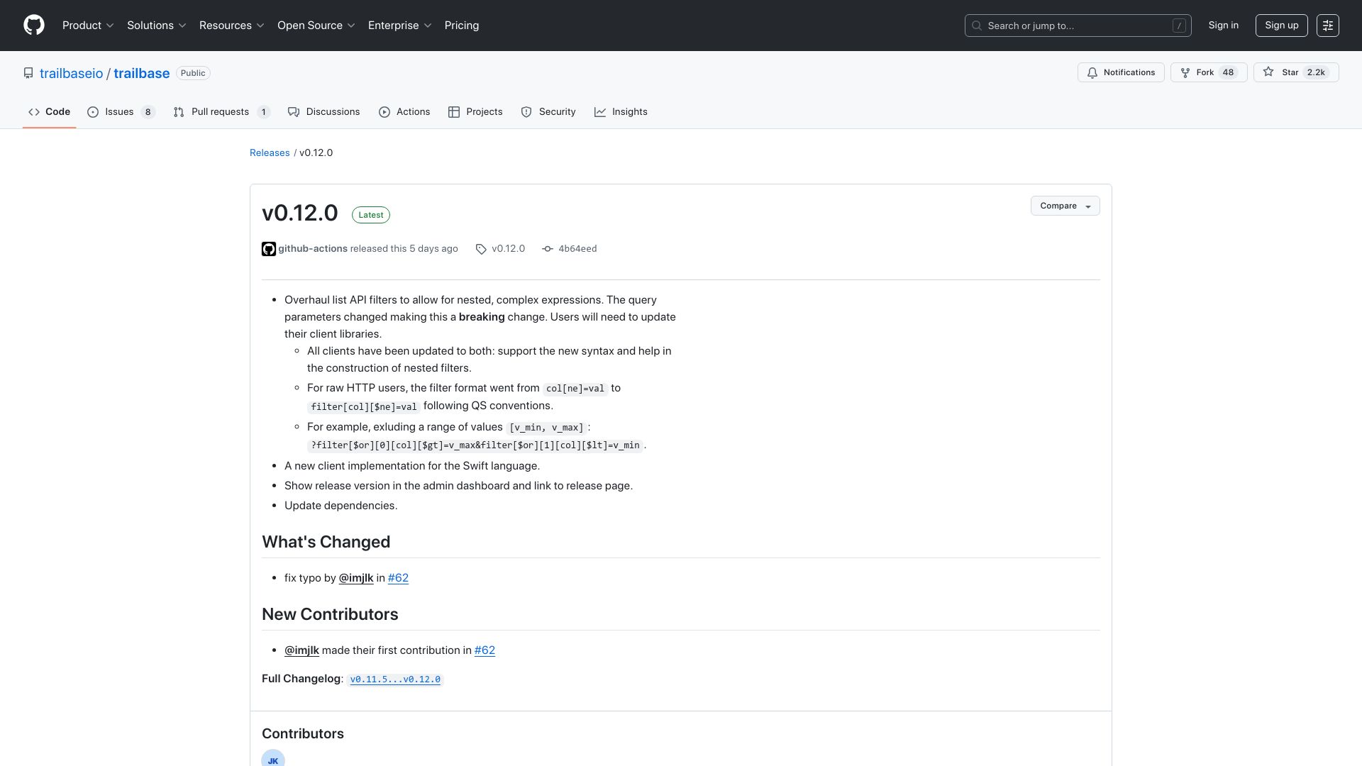 Screenshot of github.com: Fast, Simple and Open Firebase Alternative: TrailBase