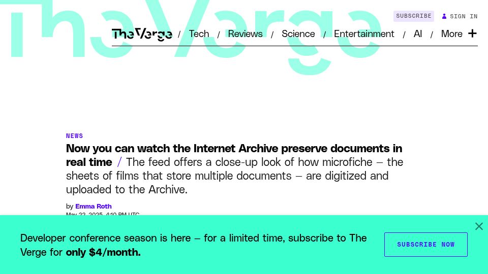 Screenshot of theverge.com: Now you can watch the Internet Archive preserve documents in real time