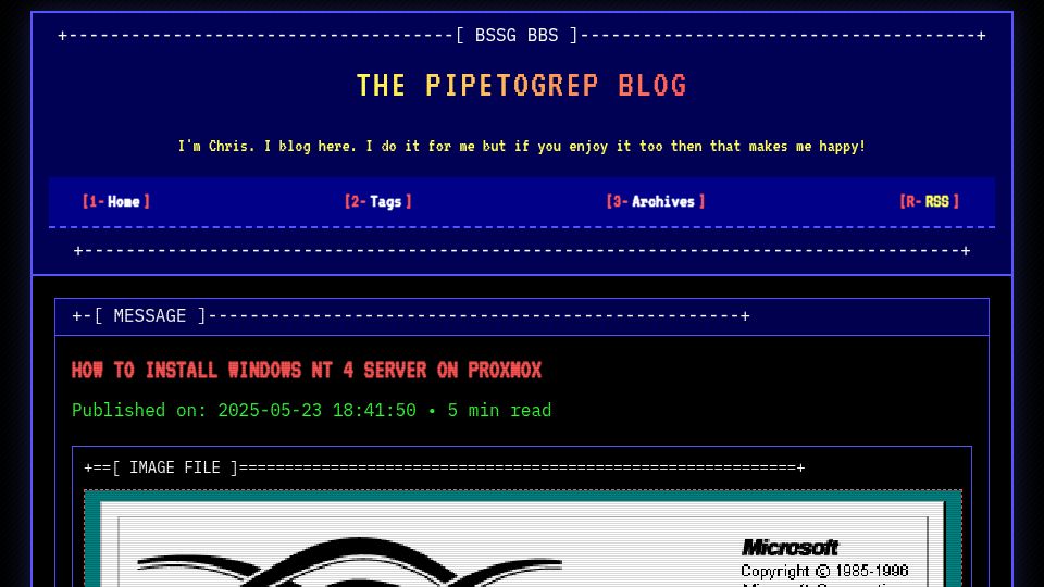 Screenshot of blog.pipetogrep.org: How to Install Windows NT 4 Server on Proxmox