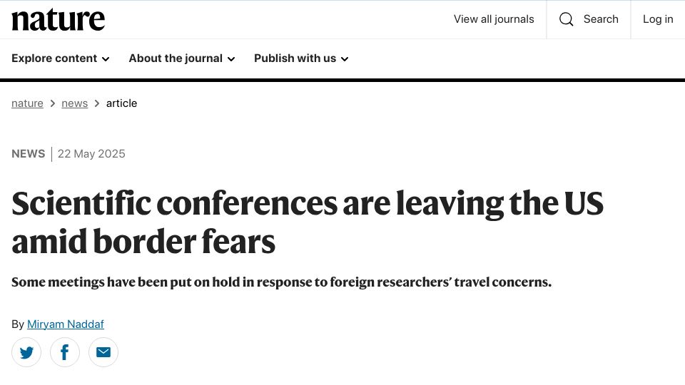 Screenshot of nature.com: Scientific conferences are leaving the US amid border fears
