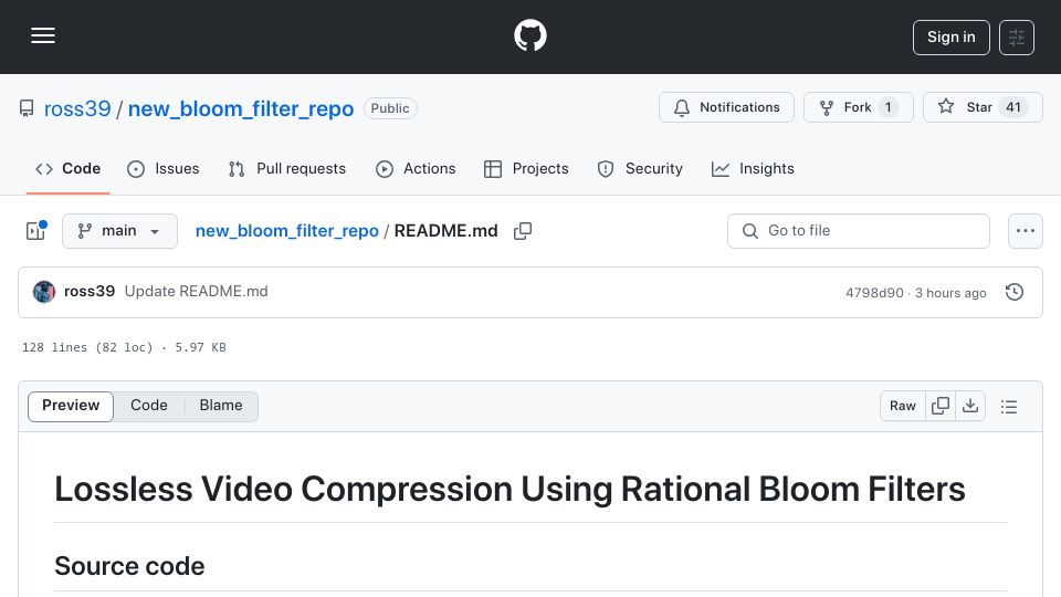 Screenshot of github.com: Lossless video compression using Bloom filters