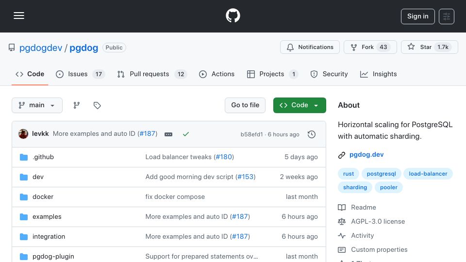Screenshot of github.com: Show HN: PgDog – Shard Postgres without extensions
