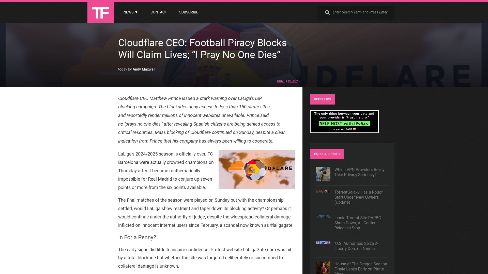Screenshot of torrentfreak.com: Cloudflare CEO: Football piracy blocks will claim lives