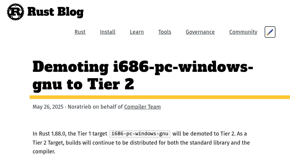 Screenshot of blog.rust-lang.org: Demoting i686-PC-windows-gnu to Tier 2