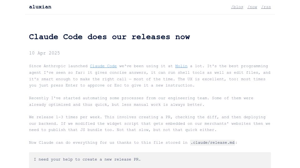 Screenshot of aluxian.com: Claude Code does our releases now