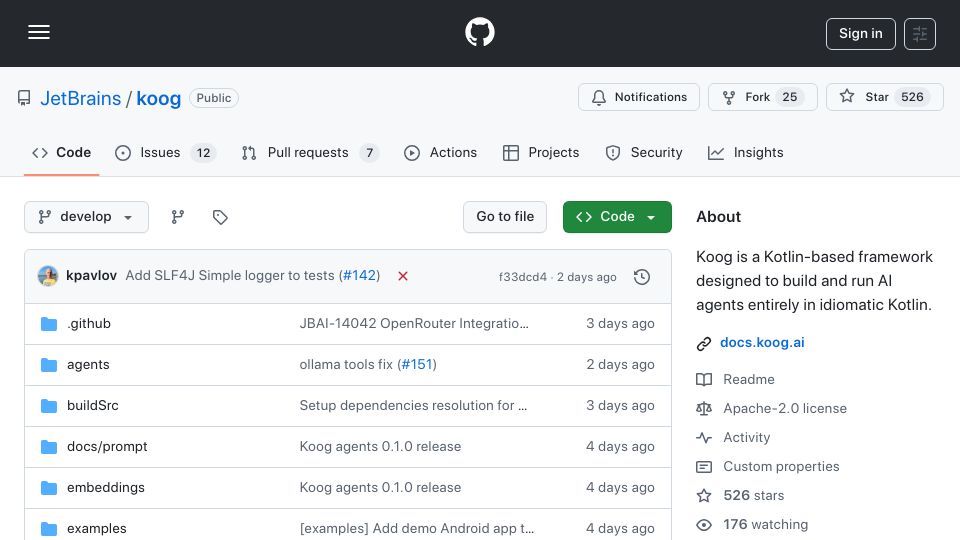 Screenshot of github.com: Koog, a Kotlin-based framework to build and run Al agents in idiomatic Kotlin