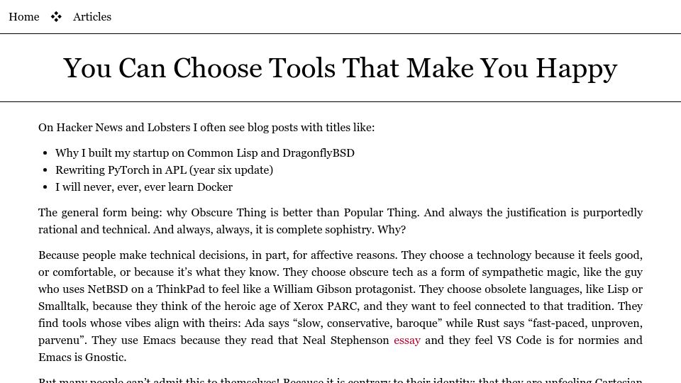 Screenshot of borretti.me: You can choose tools that make you happy