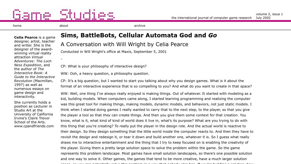 Screenshot of gamestudies.org: Sims, BattleBots, Cellular Automata God and Go (2001)