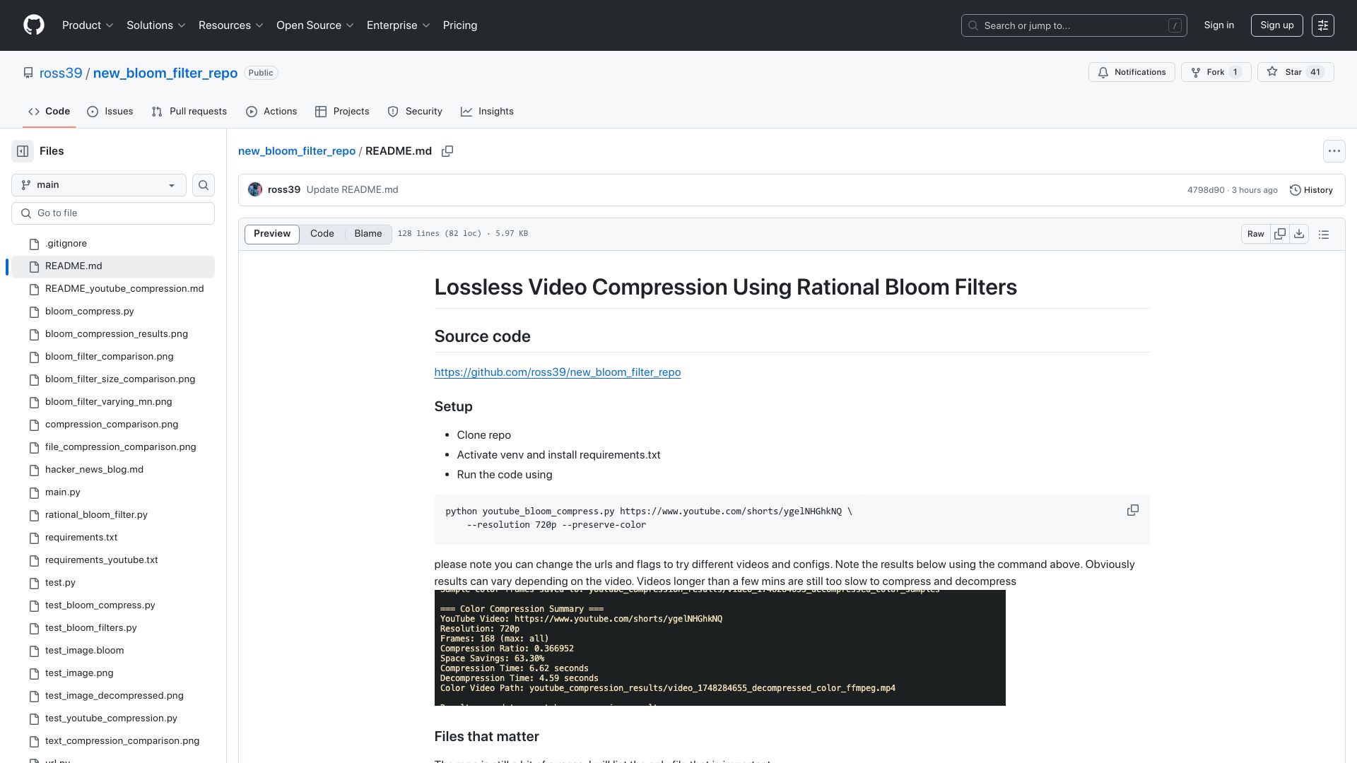 Screenshot of github.com: Lossless video compression using Bloom filters